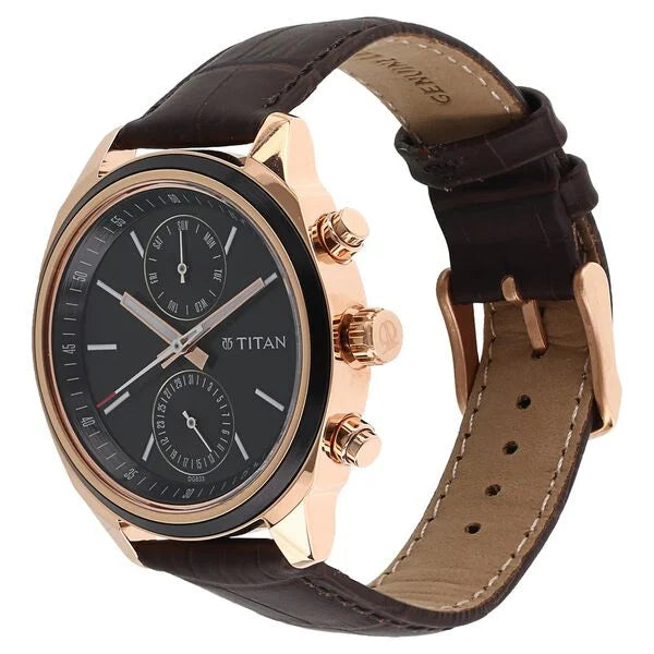 Titan Men’s Chronograph Watch – Black Dial with Brown Leather Strap (3-Month Warranty)